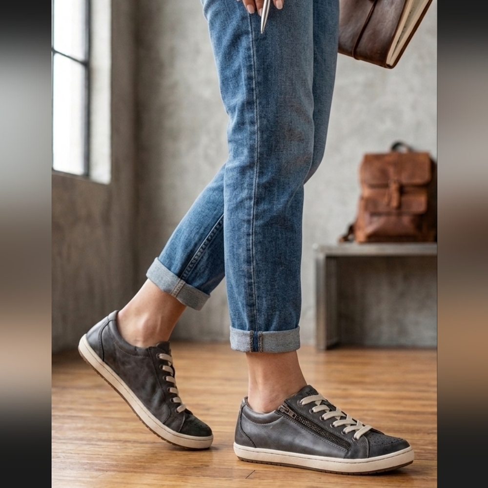 Taos Footwear Women’s Slim Straight Sneakers in Gray with Cream Laces - Picture 1 of 5